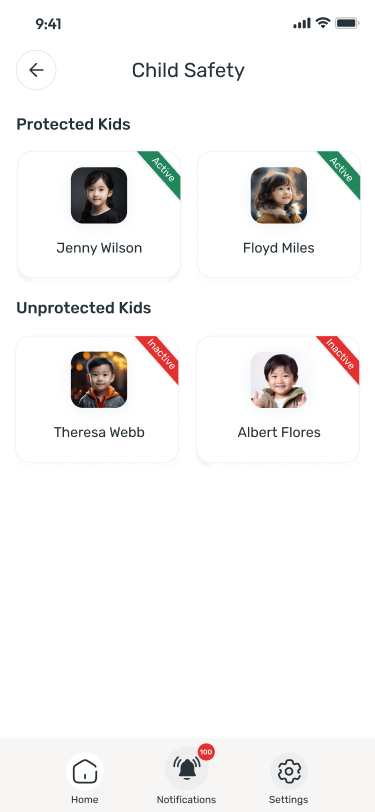 SHENGAMS resident app child safety screen with protected kids status