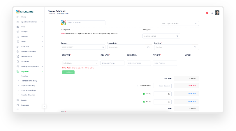 SHENGAMS invoice schedule builder with GST and VAT support for community billing